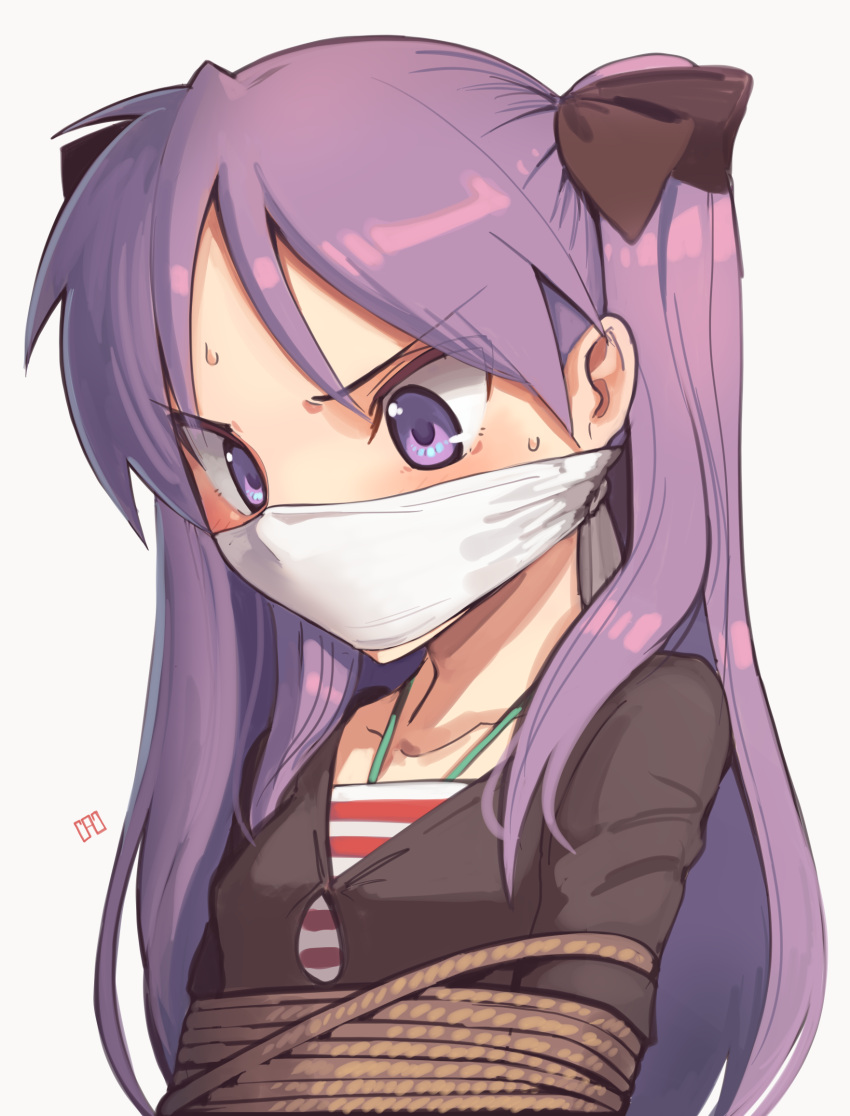 1girl angry bdsm blush bondage bound bound_arms brown_shirt cad_(caddo) cloth_gag gag gagged hair_ribbon highres hiiragi_kagami improvised_gag long_hair long_sleeves lucky_star over_the_nose_gag purple_hair restrained ribbon shibari shibari_over_clothes shirt solo sweat sweatdrop twintails white_background