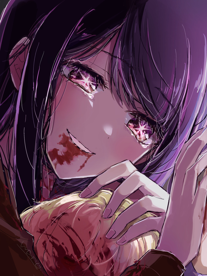 1boy 1girl absurdres blonde_hair blood blood_from_mouth blood_on_face commentary_request crying crying_with_eyes_open dying highres hoshino_ai_(oshi_no_ko) hoshino_aquamarine mother_and_son oshi_no_ko purple_eyes purple_hair sidelocks signature smile spoilers star-shaped_pupils star_(symbol) swept_bangs symbol-shaped_pupils tears wano_(azayakam)