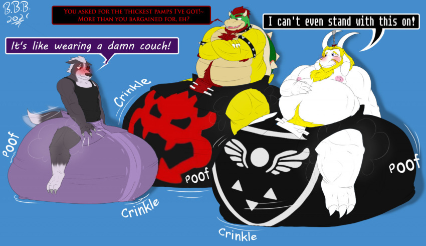 2021 anthro armband asgore_dreemurr beard bigbearbruno black_clothing black_diaper black_shirt black_tank_top black_topwear blue_background blush bovid bowser bowser_logo canid canine canis caprine claws clothing collar crossed_arms delta_rune_(emblem) dialogue diaper digital_drawing_(artwork) digital_media_(artwork) dipstick_tail english_text facial_hair fur goat grey_body grey_fur group hair hand_on_stomach horn huge_diaper koopa male mammal mario_bros markings multicolored_body multicolored_fur musclegut nintendo nipples onomatopoeia pink_nipples purple_diaper red_hair scalie shell shirt signature simple_background sound_effects spiked_armband spiked_collar spiked_shell spikes spikes_(anatomy) star_fox symbol tail tail_markings tank_top text topwear trio two_tone_body two_tone_fur undertale undertale_(series) white_body white_fur wolf wolf_o'donnell yellow_body