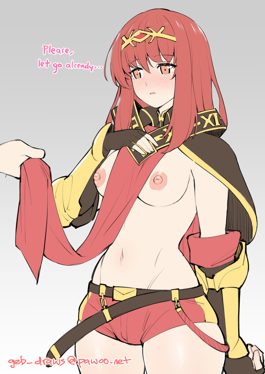1girl absurdres arm_behind_back artist_name belt black_belt black_capelet black_gloves blush breasts capelet celica_(fire_emblem) cowboy_shot english_commentary fingerless_gloves fire_emblem fire_emblem_echoes:_shadows_of_valentia ge-b gloves grey_background hand_up highres lifted_by_another long_hair medium_breasts nipples pelvic_curtain red_eyes red_hair red_shorts short_shorts shorts simple_background solo_focus tiara
