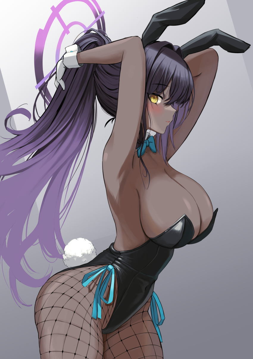 1girl absurdres animal_ears armpits arms_up black_hair black_pantyhose blue_archive blue_bow blue_bowtie blue_ribbon blush bow bowtie breasts closed_mouth commentary_request cowboy_shot dark-skinned_female dark_skin detached_collar fake_animal_ears fake_tail fishnet_pantyhose fishnets gradient_hair grey_background halo highleg highleg_leotard highres huge_breasts karin_(blue_archive) karin_(bunny)_(blue_archive) korean_commentary leotard long_hair looking_at_viewer multicolored_hair official_alternate_costume pantyhose purple_hair purple_halo rabbit_ears ribbon simple_background solo tail tying_hair underline_(yuki154cm) wrist_cuffs yellow_eyes