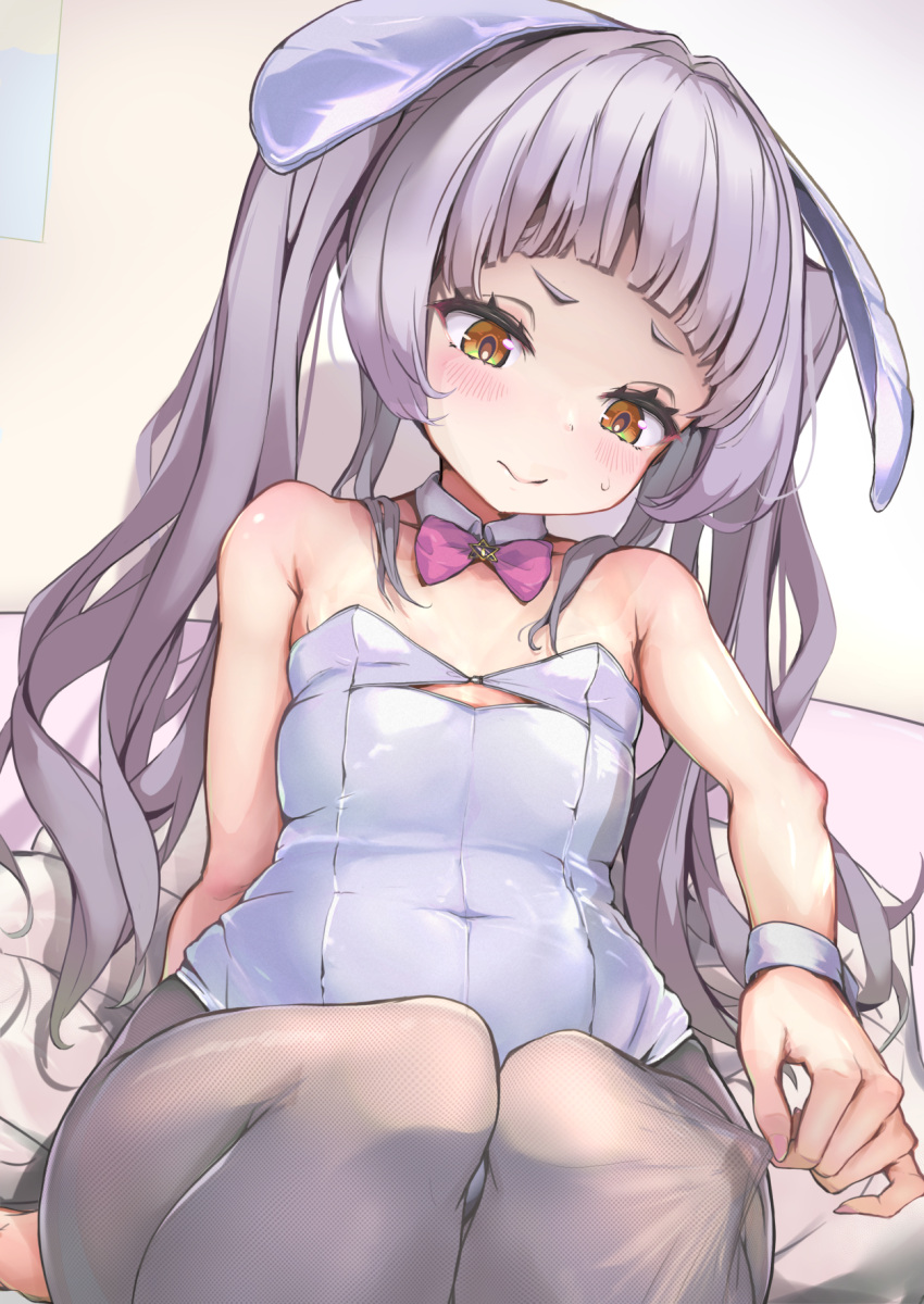 1girl animal_ears arm_support bow bowtie covered_navel detached_collar fake_animal_ears feet_out_of_frame fingernails flat_chest grey_hair harapeko_zombie_inu highres hololive leotard light_blush long_hair looking_down murasaki_shion pantyhose pantyhose_tug rabbit_ears short_eyebrows sitting solo sweatdrop twintails virtual_youtuber white_leotard wrist_cuffs yellow_eyes