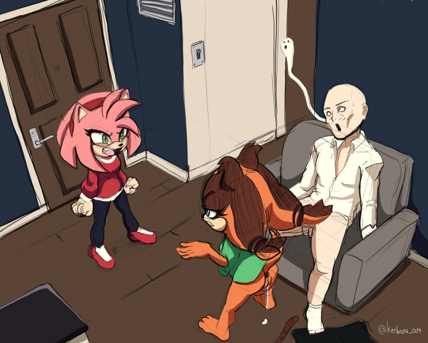 absurd_res after_sex amy_rose angry anthro anus argument badger bald blue_eyes bodily_fluids bottomless bottomless_female brown_hair chair clothed clothing cum cum_drip death_by_snu_snu detailed_background door dripping eulipotyphlan female female_on_human fur furniture genital_fluids genitals ghost green_clothing green_eyes green_shirt green_topwear group hair hedgehog hi_res human human_on_anthro humanoid interspecies kerbaru light_switch male male/female male_on_anthro mammal mustelid musteline orange_body orange_fur pigtails pink_body pink_fur pussy red_clothing red_shirt red_topwear sega shirt sonic_boom sonic_the_hedgehog_(series) spirit sticks_the_jungle_badger topwear trio unimpressed