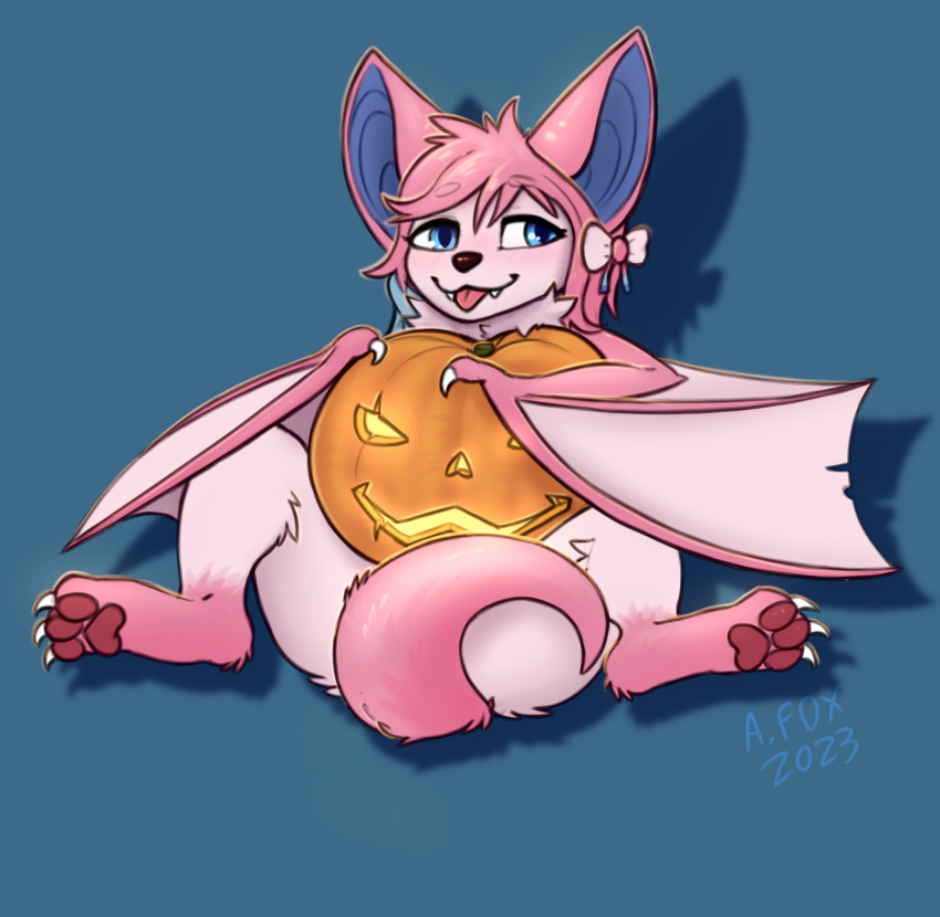 3_toes bat blep canid canine claws eeveelution feet female fennec feral food fox fruit generation_6_pokemon halloween hi_res holidays hybrid mammal membrane_(anatomy) membranous_wings mr.albafox nintendo pawpads plant pokemon pokemon_(species) pumpkin solo sylveon sylvie_(sylveonirl) toes tongue tongue_out wings