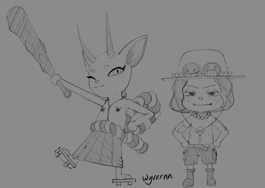 alternate_species animal_crossing anthro arm_tattoo bead_necklace bottomwear clothed clothing club_(weapon) deer duo eyelashes female footwear freckles grey_background hand_on_hip hat headgear headwear holding_club holding_melee_weapon holding_object holding_weapon horn human kanabō looking_at_viewer male mammal melee_weapon nintendo one_eye_closed one_piece portgas_d._ace sandals shoes shorts simple_background tattoo weapon wink winking_at_viewer wyvernn yamato_(one_piece)