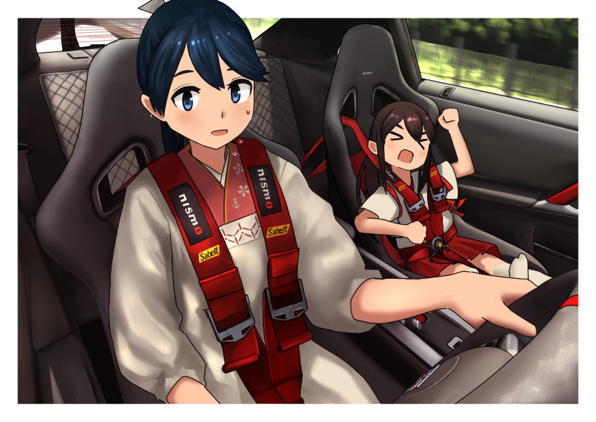 &gt;_&lt; 2girls aged_down akagi_(kancolle) anchor_symbol apron black_hair blue_eyes car_interior car_seat cowboy_shot driving flying_sweatdrops food hakama hakama_skirt highres houshou_(kancolle) japanese_clothes kantai_collection kappougi kimono long_hair multiple_girls pink_kimono pleated_skirt ponytail red_skirt right-hand_drive seatbelt skirt steering_wheel timmyyen