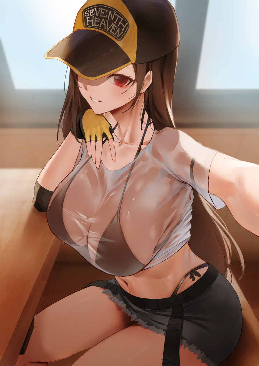 1girl absurdres baseball_cap bikini bikini_under_clothes black_bikini breasts brown_hair collarbone crop_top elbow_rest final_fantasy final_fantasy_vii final_fantasy_vii_ever_crisis fingerless_gloves gloves grin hat highres large_breasts long_hair looking_at_viewer miniskirt navel outstretched_arm panty_straps red_eyes rororo see-through see-through_shirt selfie sitting skirt smile solo stomach strap_gap swimsuit table thighs tifa_lockhart very_long_hair