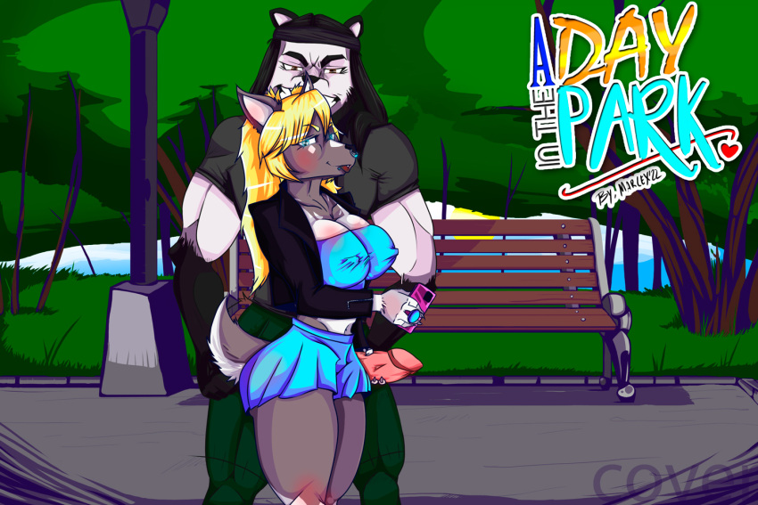 anthro bandanna_on_forehead bear bench blonde_hair blush bottomwear canid canine canis clothing comic digital_media_(artwork) domestic_dog female genitals giant_panda grass hair holding_penis humanoid husky j187r jacket jess_(j187r) male male/female mammal marcex nordic_sled_dog park park_bench penis pigtails plant public remaninglife sergio_(remaninglife) skirt smile smirk spitz topwear