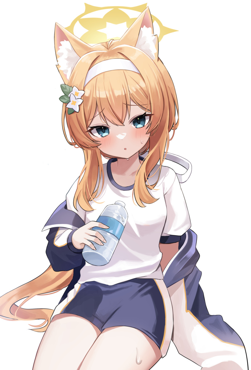 1girl absurdres animal_ear_fluff animal_ears black_shorts blue_archive blue_eyes blush bottle breasts cowboy_shot flower gym_shirt gym_uniform hair_between_eyes hair_flower hair_ornament hairband halo highres holding holding_bottle jacket long_hair looking_at_viewer mari_(blue_archive) mari_(track)_(blue_archive) nannung official_alternate_costume orange_hair parted_lips shirt short_sleeves shorts simple_background small_breasts solo track_jacket water_bottle white_background white_flower white_hairband white_shirt yellow_halo