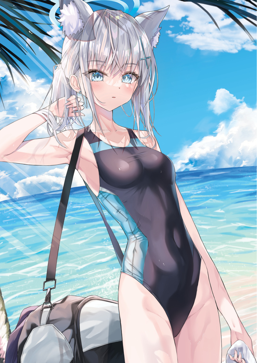 1girl absurdres adjusting_hair alter_(kxk7357) animal_ear_fluff animal_ears armpits bag blue_archive blue_eyes blue_sky blurry cloud cloudy_sky collarbone commentary_request competition_school_swimsuit depth_of_field earrings grey_hair groin hair_between_eyes halo highleg highleg_swimsuit highres holding holding_towel horizon jewelry looking_at_viewer medium_hair mismatched_pupils ocean official_alternate_costume one-piece_swimsuit parted_lips ponytail school_swimsuit shiroko_(blue_archive) shiroko_(swimsuit)_(blue_archive) shoulder_bag sidelocks sky sleeveless solo swimsuit towel wet wet_clothes wet_swimsuit wolf_ears wolf_girl
