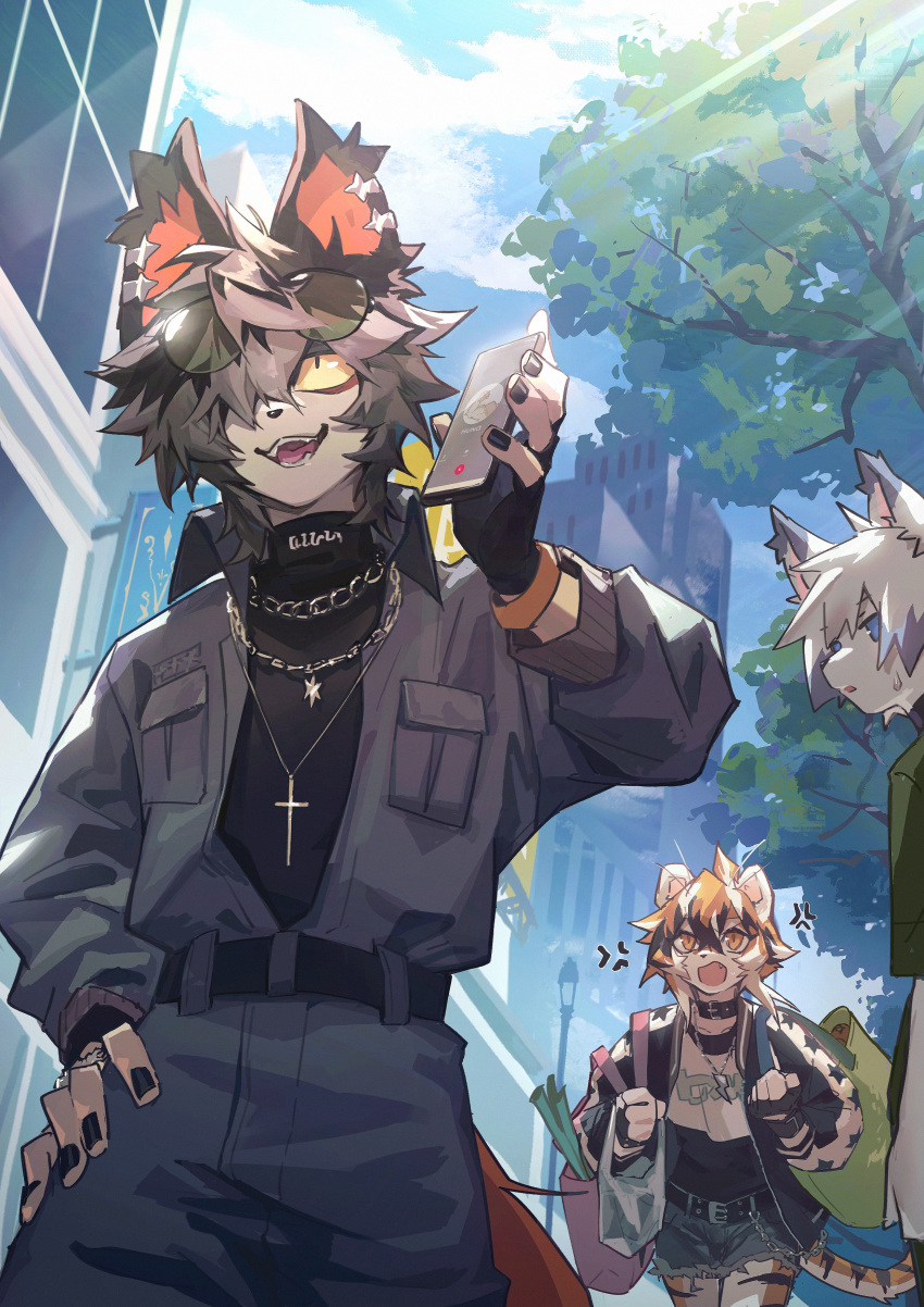 2023 5_fingers aak_(arknights) absurd_res angry anthro arknights bag black_body black_fur black_hair cellphone city clothed clothing detailed_background domestic_cat eyewear felid feline felis female fingerless_gloves fingers fully_clothed fur glasses gloves group hair hair_over_eye handwear hi_res holding_bag holding_cellphone holding_object holding_phone holding_smartphone hypergryph male mammal multicolored_body multicolored_fur multicolored_hair one_eye_obstructed open_mouth overalls pantherine phone phone_call piercing smartphone striped_body striped_fur stripes studio_montagne tan_body tan_fur tiger trio waaifu_(arknights) white_body white_fur xxxxnil