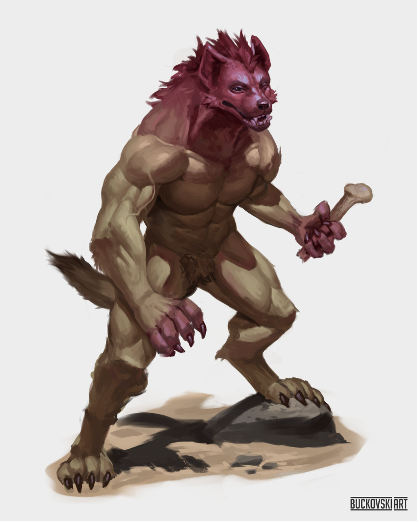 2023 abs absurd_res anthro biceps biped black_nose brown_body brown_fur buckovskiart crotch_tuft digital_media_(artwork) fur hi_res holding_object hyena male mammal muscular muscular_anthro muscular_male muscular_thighs nude outside pecs quads solo step_pose tail teeth thick_thighs tuft vein veiny_muscles were werehyena whiskers