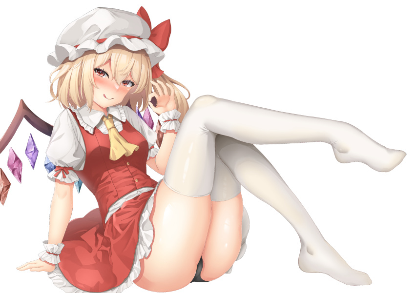 1girl :q absurdres arm_support ascot ass black_panties blonde_hair blush breasts fellatio_gesture flandre_scarlet full_body hand_up hat highres leaning_back leg_up legs looking_at_viewer mob_cap panties puffy_short_sleeves puffy_sleeves red_eyes red_vest short_sleeves simple_background skirt small_breasts solo sonia_(fetusdream) thighhighs tongue tongue_out touhou underwear vest white_background white_headwear white_thighhighs wings wrist_cuffs