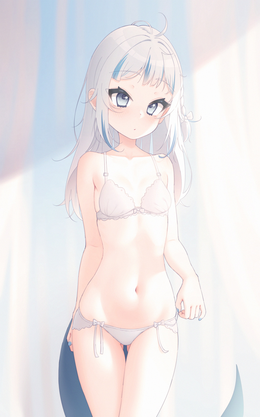 1girl :o absurdres ahoge ass_visible_through_thighs bare_arms bare_shoulders blue_eyes blue_hair blue_nails blush bra breasts cowboy_shot fingernails fins fish_tail gawr_gura grey_hair highres hololive hololive_english long_hair looking_at_viewer lucasyecla99 multicolored_hair nail_polish navel panties parted_lips shark_girl shark_tail sidelighting small_breasts solo standing stomach streaked_hair tail thigh_gap underwear underwear_only virtual_youtuber white_bra white_panties