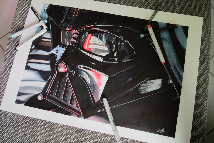 2boys absurdres art_tools_in_frame darth_vader energy_sword english_commentary helmet highres holding_lightsaber jedi lightsaber luke_skywalker making-of_available male_focus marker_(medium) multiple_boys photo_(medium) portrait reflection signature sith star_wars star_wars:_the_empire_strikes_back sword traditional_media waldherr weapon