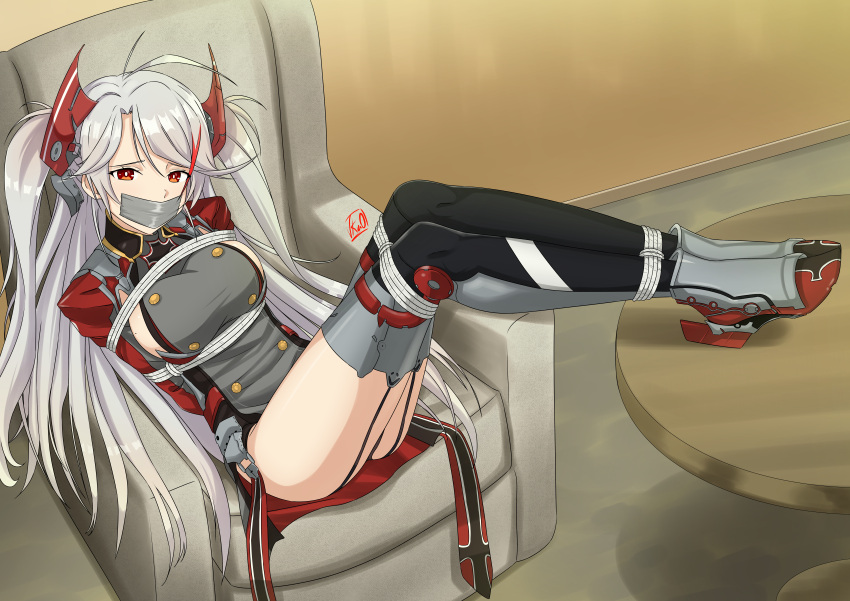 1girl absurdres ahoge azur_lane bdsm black_thighhighs bondage bound bound_arms bound_legs breasts couch dress feet_on_table full_body gag gagged garter_straps grey_dress highres improvised_gag indoors long_hair looking_at_viewer multicolored_hair non-web_source prinz_eugen_(azur_lane) red_eyes red_hair tape tape_gag thighhighs twintails two-tone_hair vakaosciosa very_long_hair white_hair