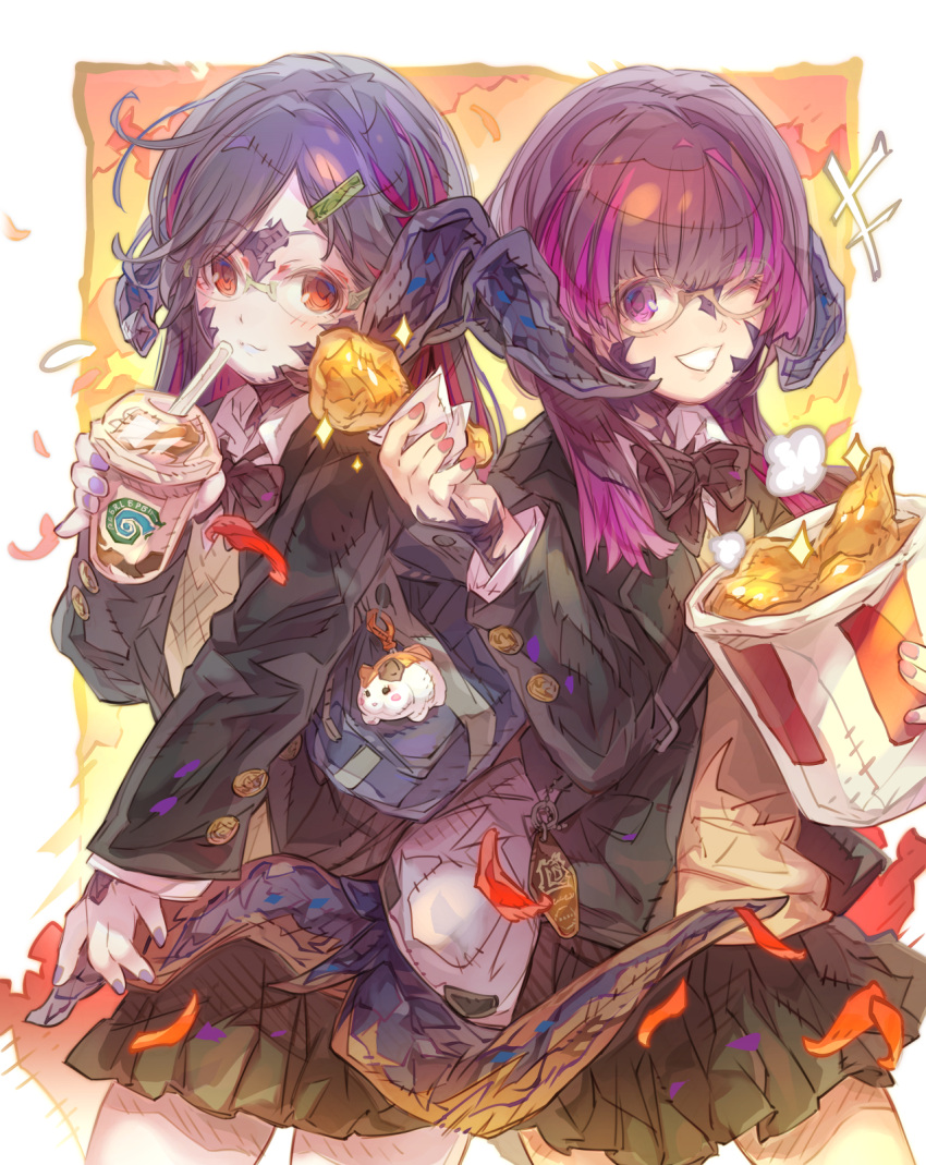 +++ 2girls au_ra black_bow black_hair black_jacket black_skirt blazer blush bow bucket chicken_leg closed_mouth collared_shirt commentary_request commission cup disposable_cup dragon_girl dragon_horns dragon_tail drinking_straw final_fantasy final_fantasy_xiv food fried_chicken glasses grin hair_ornament hairclip haku_(sabosoda) highres holding holding_bucket holding_cup holding_food horns jacket long_sleeves multicolored_hair multiple_girls nail_polish one_eye_closed open_clothes open_jacket pleated_skirt purple_eyes purple_hair purple_nails red_eyes scales school_uniform shirt skeb_commission skirt sleeves_past_wrists smile streaked_hair sweater_vest tail white_shirt