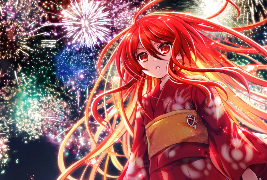 1girl aerial_fireworks commentary_request fireworks highres japanese_clothes kimono long_hair long_sleeves night night_sky obi outdoors parted_lips red_eyes red_hair red_kimono sash shakugan_no_shana shana sky solo tachitsu_teto very_long_hair wide_sleeves yukata