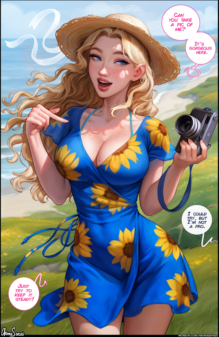 1girl absurdres aroma_sensei artist_name beach bikini bikini_under_clothes black_border blonde_hair blue_dress blue_eyes border breasts camera cleavage collarbone covered_navel cowboy_shot curvy dress english_text floating_hair floral_print freckles grass haley_(stardew_valley) hat highres holding holding_camera large_breasts long_hair looking_to_the_side mole mole_on_breast nose open_mouth outdoors parted_hair patreon_username short_dress sky smile solo speech_bubble stardew_valley straw_hat swimsuit v-neck wide_hips wind wind_lift