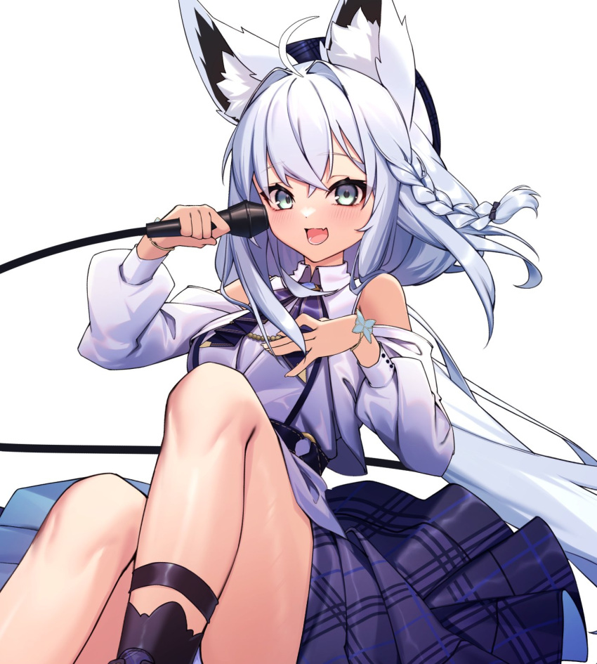 1girl ahoge animal_ear_fluff animal_ears ascot bare_shoulders beret blue_ascot blue_journey_(hololive) blue_skirt blush braid breasts checkered_clothes checkered_skirt commentary_request earrings fang fox_ears fox_girl fox_tail green_eyes hair_between_eyes hand_on_own_chest hat highres holding holding_microphone hololive jewelry knees_up long_hair looking_at_viewer microphone ninsaki_(9saki) open_mouth shirakami_fubuki shirt sidelocks simple_background single_braid skin_fang skirt small_breasts solo tail virtual_youtuber white_background white_hair white_shirt
