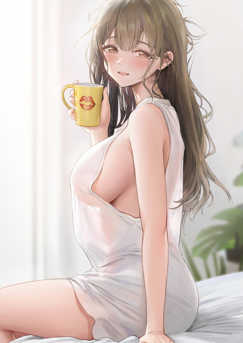 1girl alternate_costume ame_(uten_cancel) arm_support bed_sheet blurry blurry_background blush breasts brown_hair comiket_102 commentary cup depth_of_field dress feet_out_of_frame highres holding holding_cup idolmaster idolmaster_shiny_colors indoors kuwayama_chiyuki large_breasts lips_print long_hair looking_at_viewer looking_to_the_side messy_hair mug see-through see-through_dress see-through_silhouette sideboob sitting sleeveless sleeveless_dress smile solo symbol-only_commentary very_long_hair white_dress
