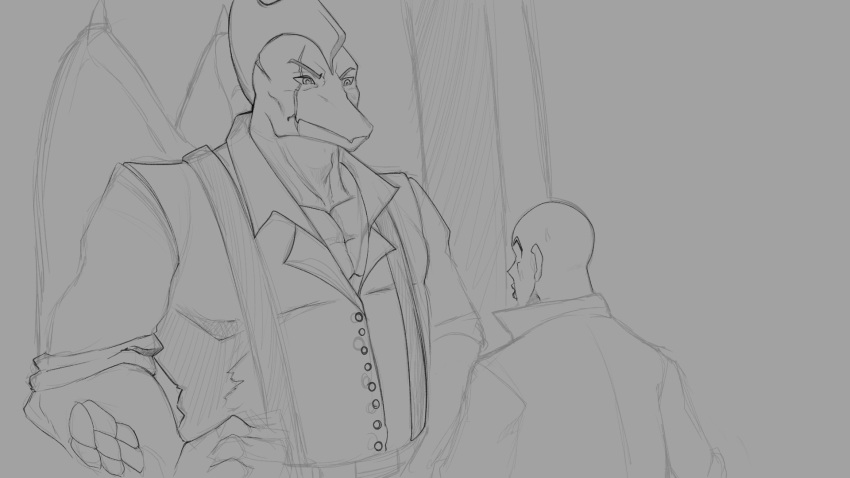 16:9 2023 anon_(snoot_game) anthro bald black_and_white bodily_fluids chervyarts clothing dinosaur doorway dress_shirt duo facial_scar goodbye_volcano_high hands_on_hips hands_on_own_hips head_crest hi_res human jacket male mammal mature_anthro mature_male monochrome pterodactylus pterosaur reptile ripley_(snoot_game) scalie scar shirt sketch snoot_game snout suspenders sweat topwear widescreen wings