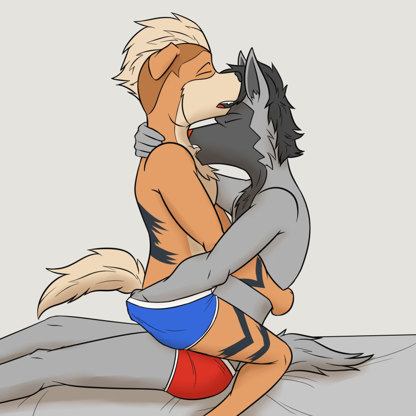 anthro anthrofied bite blue_briefs blue_clothing blue_underwear briefs briefs_only butt butt_grab clothed clothing embrace eyes_closed fuze generation_1_pokemon generation_3_pokemon growlithe hand_in_underwear hand_on_butt hi_res male male/male neck_bite nintendo on_lap pokemon pokemon_(species) pokemorph poochyena red_briefs red_clothing red_underwear sitting_on_lap topless underwear underwear_only