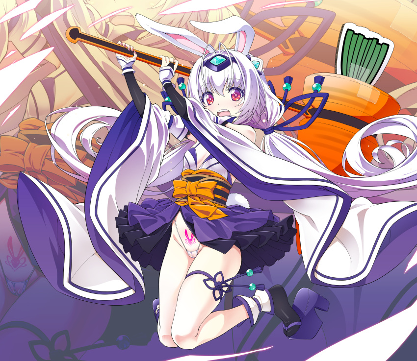 1girl absurdres age_regression aged_down alternate_eye_color alternate_hair_color animal_ears breasts bridal_gauntlets carrot corruption detached_sleeves exs-tia_spica full_body g-string genderswap genderswap_(mtf) hammer highres inoino japanese_clothes katsuragi_souma kouyoku_senki_exs-tia low_twintails lusterise magical_girl obi original pubic_tattoo rabbit_ears rabbit_girl rabbit_tail red_eyes sash small_breasts solo tabi tail tattoo thong twintails white_hair wide_sleeves