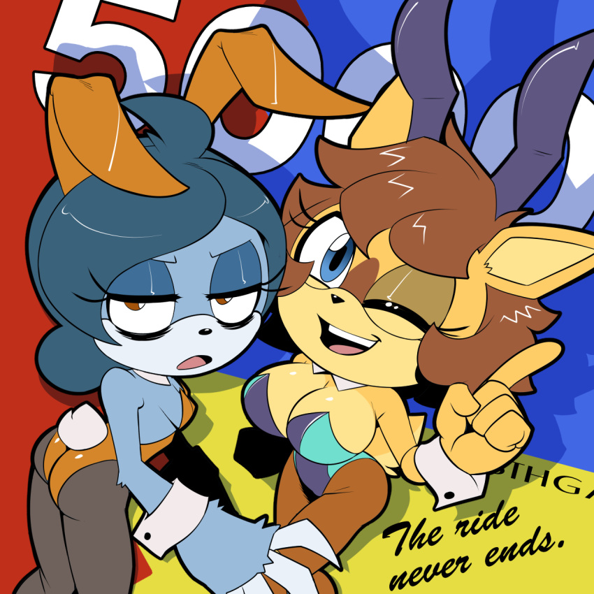 1:1 2022 4chan ahoge anthro big_breasts blue_body blue_eyes blue_fur blue_hair breast_size_difference breasts brown_eyes brown_hair bump_the_deer bunny_costume butt cleavage clothed clothing costume countershading cuff_links deer duo english_text fake_ears fake_rabbit_ears fan_character female fur hair half-closed_eyes hardtones hi_res leotard lingerie looking_at_viewer mammal medium_breasts narrowed_eyes one_eye_closed open_mouth pilosan pose sage_the_sloth sega short_hair sloth sonic_the_hedgehog_(series) tan_body tan_fur teddy_(clothing) text thick_thighs wide_hips wink xenarthran