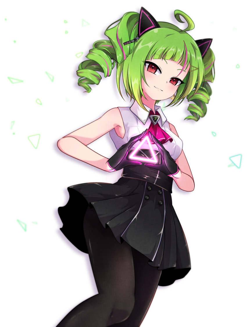 delutaya drill_hair gloves green_hair highres indie_virtual_youtuber multicolored_hair red_eyes shen_li twin_drills