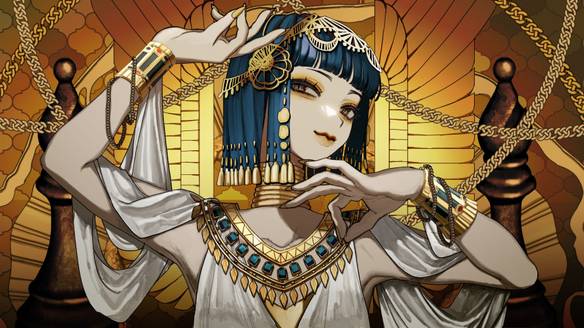 1girl absurdres blue_hair blunt_bangs bracelet brown_eyes chain character_request closed_mouth copyright_request egyptian egyptian_art egyptian_clothes eyelashes eyeshadow fingernails gold gold_bracelet gold_necklace hair_ornament highres jewelry looking_at_viewer makeup nail_polish necklace numata_zombie ok_sign orange_eyeshadow orange_lips sharp_fingernails short_hair smile solo tomb upper_body usekh_collar yellow_nails