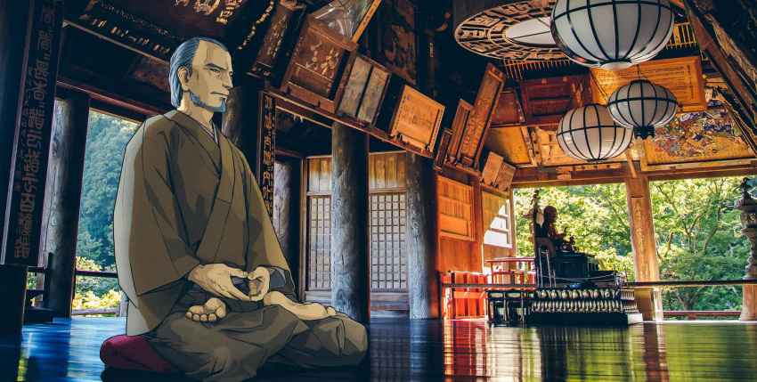 1boy beard day facial_hair fate/grand_order fate_(series) full_body furumi_showichi grey_hair half-closed_eyes highres indoors lotus_position male_focus official_art old old_man own_hands_together photo_background sitting solo statue sunlight temple wooden_floor yagyuu_munenori_(fate)