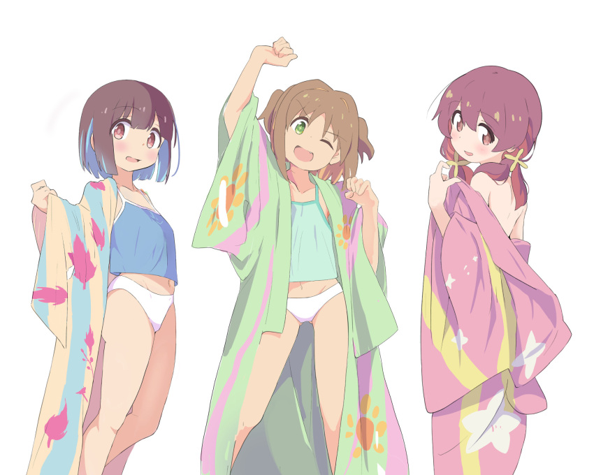 +_+ 3girls :d ;d aqua_camisole arm_up ass_visible_through_thighs bare_legs blonde_hair blue_camisole blunt_bangs blunt_ends brown_eyes brown_hair camisole collarbone colored_inner_hair commentary dot_nose fang flat_chest floral_print green_eyes green_kimono hair_between_eyes head_tilt highres hozuki_momiji japanese_clothes kimono leaf_print light_blush lily_print looking_at_viewer maple_leaf_print multicolored_hair multiple_girls murairamuraiari murosaki_miyo navel off_shoulder oka_asahi one_eye_closed onii-chan_wa_oshimai! open_clothes open_kimono open_mouth panties pink_kimono print_kimono red_hair smile striped striped_kimono sun_print two-tone_hair two_side_up underwear undressing white_panties wide_sleeves yukata