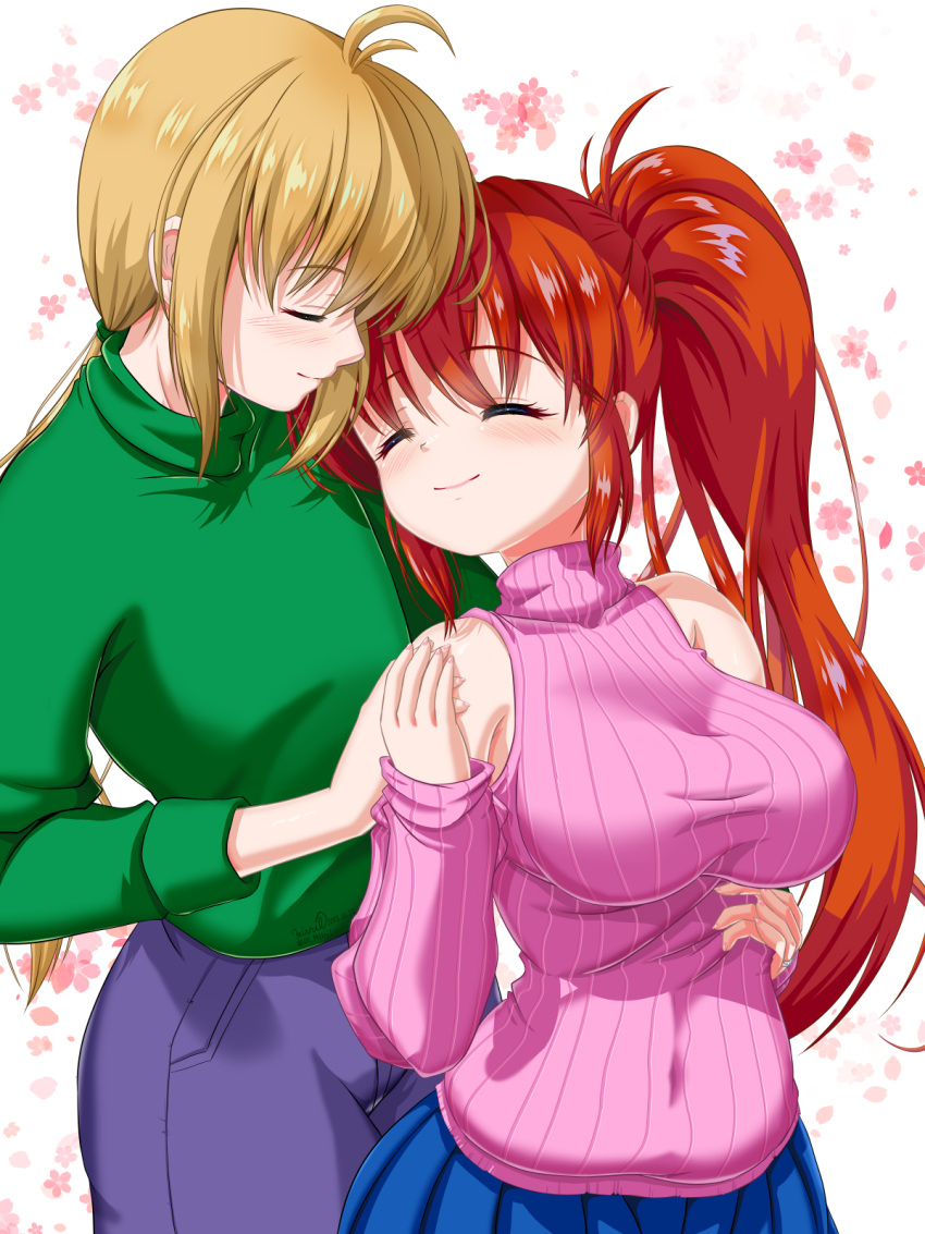 1boy 1girl bare_shoulders blonde_hair blush breasts brown_hair closed_eyes closed_mouth commentary_request covered_navel hetero highres hug hug_from_behind large_breasts long_hair lyrical_nanoha mahou_shoujo_lyrical_nanoha_strikers misril pink_sweater ponytail simple_background smile sweater takamachi_nanoha yuuno_scrya