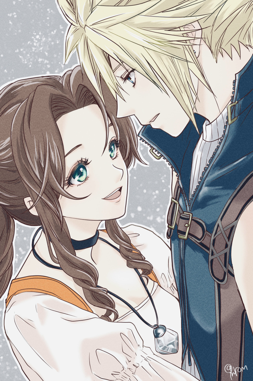 1boy 1girl absurdres aerith_gainsborough belt black_choker blonde_hair blue_eyes blue_shirt braid braided_ponytail brown_belt brown_hair choker cloud_strife cosplay couple diamond_(gemstone) dress final_fantasy final_fantasy_ix final_fantasy_vii final_fantasy_vii_remake frilled_sleeves frills garnet_til_alexandros_xvii garnet_til_alexandros_xvii_(cosplay) green_eyes high_collar highres jewelry looking_at_another makiron necklace orange_dress shirt sleeveless sleeveless_shirt sleeveless_turtleneck spiked_hair turtleneck zidane_tribal zidane_tribal_(cosplay)