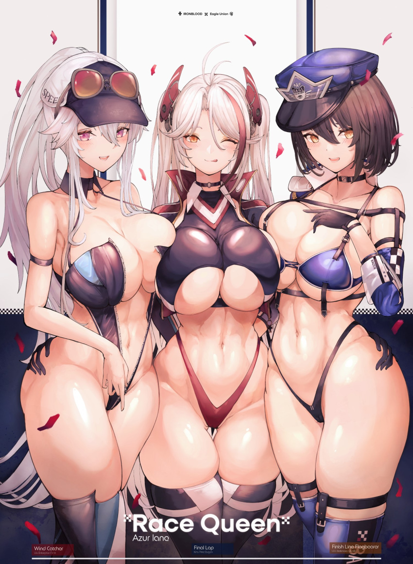 3girls arm_strap azur_lane baltimore_(azur_lane) baltimore_(finish_line_flagbearer)_(azur_lane) blue_headwear breasts brown_hair enterprise_(azur_lane) hair_between_eyes hat highres large_breasts linea_alba long_hair looking_at_viewer multicolored_hair multiple_girls navel official_alternate_costume one_eye_closed petals prinz_eugen_(azur_lane) race_queen red_hair sidelocks skindentation streaked_hair thick_thighs thighhighs thighs two-tone_hair white_hair yellow_eyes yusha_m