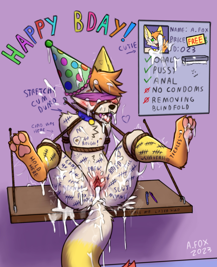 albafox andromorph anthro anus birthday birthday_hat blindfold blush bodily_fluids body_blush body_writing bound canid canine cum cum_drip cum_in_mouth cum_in_pussy cum_inside cum_on_face dripping excessive_cum excessive_genital_fluids female fox gag genital_fluids genitals hi_res intersex mammal mr.albafox public public_exposure public_use pussy pussy_blush solo spread_legs spread_pussy spreading tally_marks