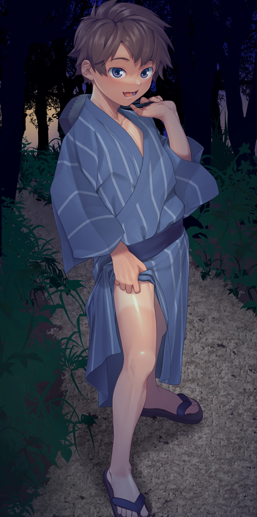 1boy :d absurdres bag bare_legs blue_kimono brown_hair carrying_bag carrying_over_shoulder clothes_lift collarbone commentary_request dark fang feet forest fuwatoro_(i7mnoehere) hand_up highres japanese_clothes kimono kimono_lift legs_apart legwear_tan lifted_by_self long_sleeves looking_at_viewer male_focus nature night obi open_mouth original outdoors parted_bangs pectoral_cleavage pectorals purple_eyes sash shiny_skin shirt_tan short_hair shorts_tan skin_fang smile solo standing striped striped_kimono tan tanlines tree vegetation vertical-striped_kimono vertical_stripes wide_sleeves yukata zouri