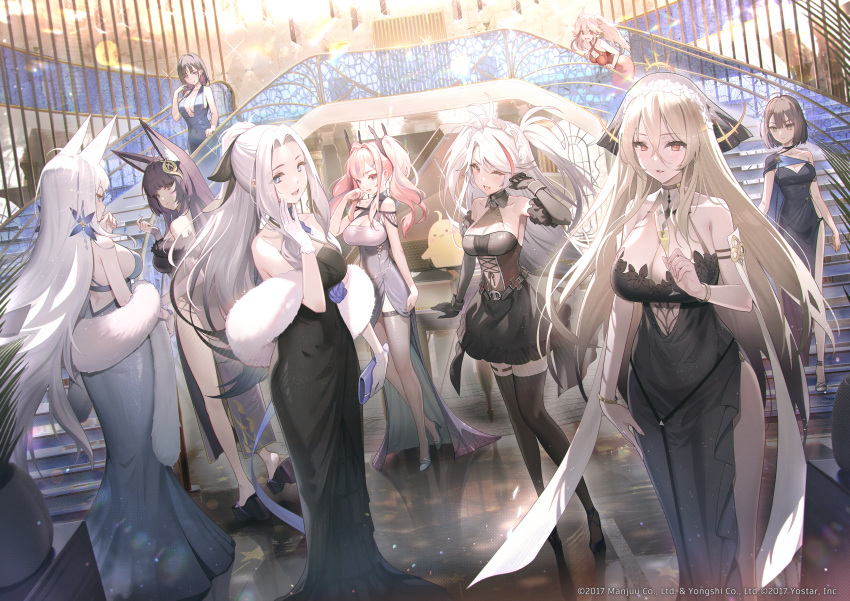 6+girls :d absurdres ahoge alternate_costume animal_ear_fluff animal_ears antenna_hair armlet asymmetrical_clothes asymmetrical_dress azur_lane baltimore_(azur_lane) baltimore_(evening_breeze_minuet)_(azur_lane) bare_shoulders bird black_dress black_gloves black_hair black_thighhighs blonde_hair blue_cape bluecher_(azur_lane) blunt_bangs bracelet braid breasts bremerton_(azur_lane) brown_hair brown_thighhighs cape center_opening champagne_flute chick cleavage closed_mouth collarbone commentary_request cup dress drinking_glass elbow_gloves evening_gown facial_mark fang feather_boa forehead fox_ears fox_girl french_braid full_body fur_trim glint gloves grey_dress grey_hair hair_between_eyes hair_intakes hair_ornament hand_up high_heels highres holding holding_cup implacable_(azur_lane) indoors jewelry large_breasts long_bangs long_hair looking_at_viewer manjuu_(azur_lane) mole mole_on_breast mole_under_eye multicolored_hair multiple_girls musashi_(azur_lane) official_alternate_costume official_art one_eye_closed open_mouth parted_bangs pelvic_curtain pink_eyes pink_hair ponytail prinz_eugen_(azur_lane) prinz_eugen_(kindred_evening_spirits)_(azur_lane) red_dress red_eyes shazhiqiao shinano_(azur_lane) shinano_(dreams_of_the_hazy_moon)_(azur_lane) short_hair shoulder_cape side_slit sideless_outfit sidelocks single_bare_shoulder skin_fang smile sparkle stairs standing streaked_hair striped_cape swept_bangs thighhighs ting_an_(azur_lane) tongue tongue_out twintails two-tone_cape two-tone_hair two_side_up very_long_hair whisker_markings white_gloves white_hair x_hair_ornament yellow_eyes yorktown_(azur_lane) yorktown_(evening_i_can't_remember)_(azur_lane)