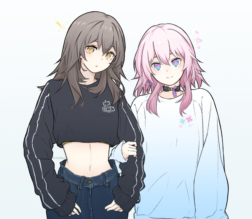2girls alternate_costume aqua_sweater baggy_clothes black_choker black_sweater blue_pants bright_pupils casual choker closed_mouth commentary cropped_sweater denim english_commentary floral_print gradient_clothes hand_on_another's_arm head_tilt heart highres honkai:_star_rail honkai_(series) jeans lexielex long_hair long_sleeves looking_at_viewer march_7th_(honkai:_star_rail) multiple_girls navel pants pink_hair pocket sidelocks simple_background sleeves_past_wrists smile stelle_(honkai:_star_rail) stomach sweater trailblazer_(honkai:_star_rail) two-tone_eyes upper_body white_background white_sweater yellow_eyes