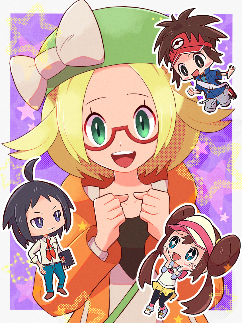 2boys 2girls :d beret bianca_(pokemon) blonde_hair border bow cheren_(pokemon) chibi clenched_hands commentary_request glasses green_eyes green_headwear hands_up hat hat_bow highres hood hooded_jacket jacket long_sleeves multiple_boys multiple_girls nate_(pokemon) open_clothes open_jacket open_mouth orange_jacket outline pokemon pokemon_(game) pokemon_bw2 red-framed_eyewear rosa_(pokemon) semi-rimless_eyewear shirt short_hair smile star_(symbol) teeth tongue tsugomori_(sprn303) upper_teeth_only white_border white_bow white_shirt