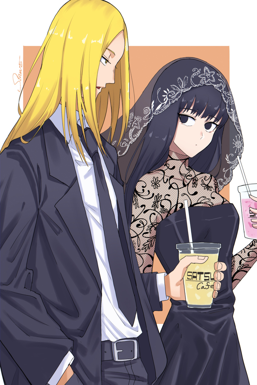 1boy 1girl absurdres artist_name belt black_dress black_eyes black_hair black_necktie black_suit blonde_hair breasts closed_mouth collared_shirt cup disposable_cup dress drinking_straw fishnet_sleeves formal hammer hand_in_pocket highres holding holding_cup long_hair long_sleeves necktie open_mouth osaragi_(sakamoto_days) sakamoto_days see-through see-through_sleeves shirt shishiba_(sakamoto_days) shishiruto simple_background small_breasts standing suit veil white_shirt yellow_eyes