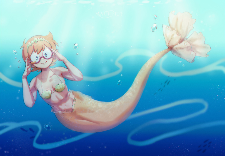 absurdres blue_eyes blush bubble freckles glasses hands_on_eyewear highres little_witch_academia looking_at_viewer lotte_jansson marii_pily mermaid messy_hair monster_girl navel orange_hair pale_skin round_eyewear shell shell_bikini short_hair smile solo trigger_(company) underwater