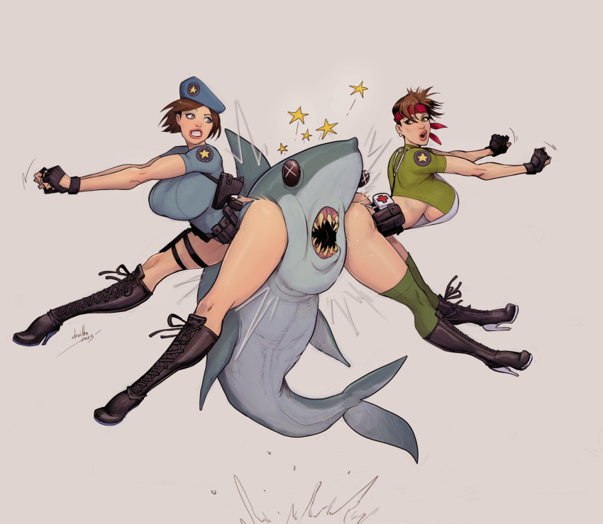 2023 boots breasts brown_hair butt capcom clothing devil_hs feral fingerless_gloves fish footwear gloves group hair handwear hat headgear headwear hi_res human jill_valentine mammal marine open_mouth rebecca_chambers resident_evil shark side_boob simple_background teeth trio