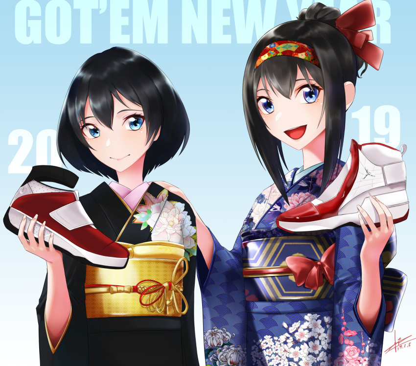 2019 2girls :d air_jordan air_jordan_19 air_jordan_20 black_hair black_kimono blue_eyes blue_kimono blush bow hair_behind_ear hair_between_eyes hair_bun hairband hand_on_another's_shoulder happy_new_year highres holding holding_shoes japanese_clothes kimono looking_at_viewer mitsugi_riku_(silenxe) mizuki_shizuka_(silenxe) multiple_girls obi original red_bow red_hairband sash shoes short_hair silenxe single_hair_bun smile sneakers yukata