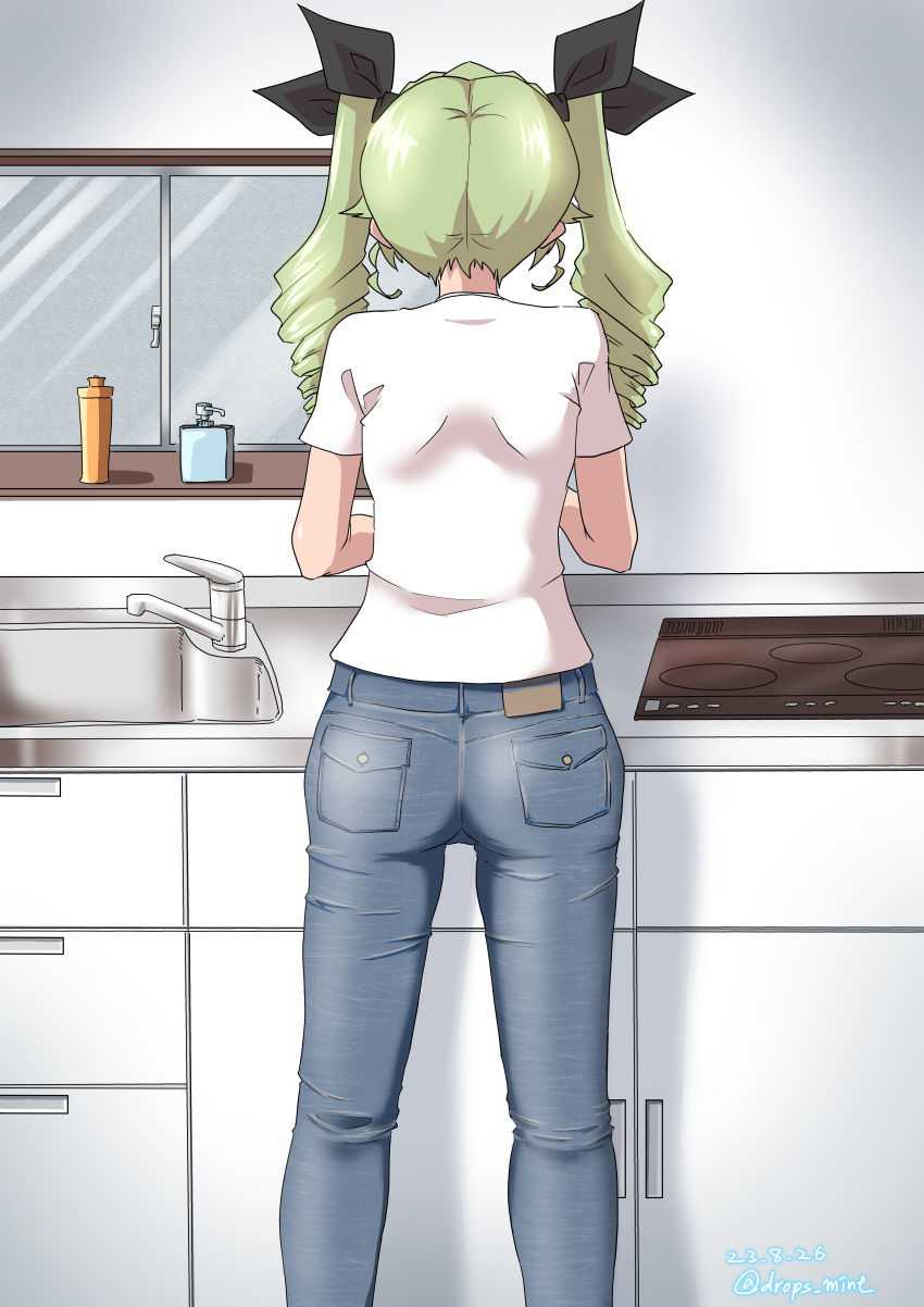 1girl absurdres anchovy_(girls_und_panzer) ass blue_pants dated denim drill_hair drops_mint from_behind girls_und_panzer green_hair hair_ribbon highres indoors jeans kitchen long_hair pants ribbon shirt signature sink solo twin_drills twintails white_shirt