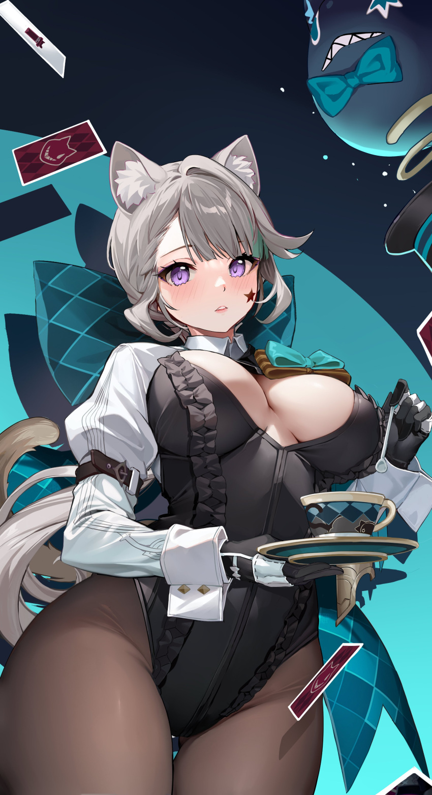 1girl absurdres animal_ears aqua_bow black_gloves blush bow breasts cat_ears cat_girl cleavage_cutout clothing_cutout cup facial_mark frilled_leotard frills genshin_impact gloves grey_hair highres kikimi large_breasts leotard looking_at_viewer lynette_(genshin_impact) open_mouth pantyhose purple_eyes saucer short_hair solo spoon star_(symbol) star_facial_mark teacup