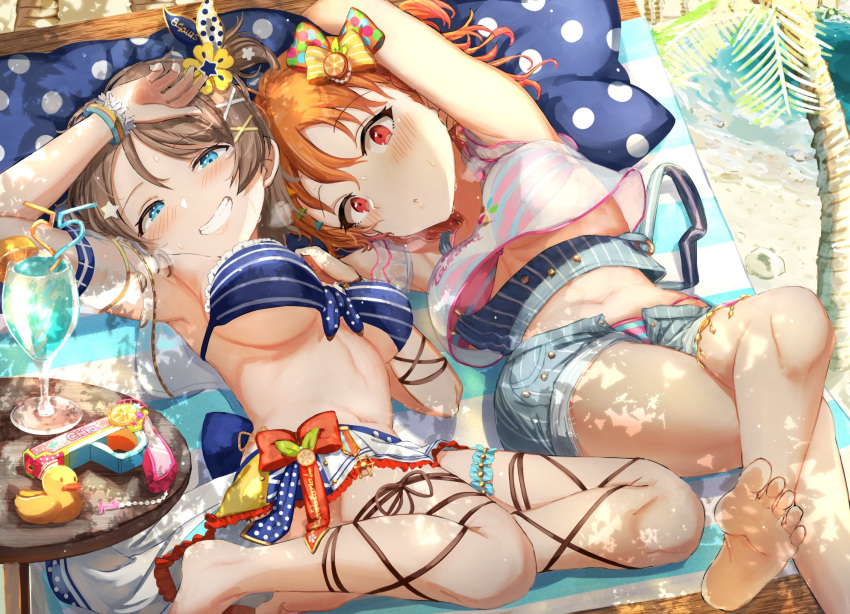 a_chika-tastic_summer ahoge barefoot bikini blue_eyes bow breasts brown_hair cleavage commentary cross-laced_clothes cross-laced_legwear facing_viewer grin highres looking_at_viewer love_live! love_live!_school_idol_festival_all_stars love_live!_sunshine!! official_alternate_costume ponnu_(nikeytina) short_hair smile swimsuit takami_chika watanabe_you