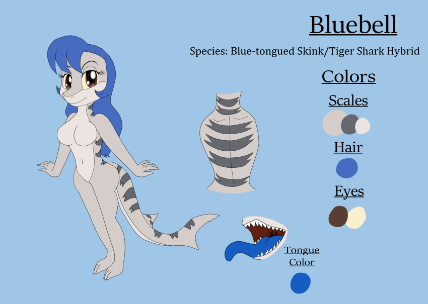 3_toes 5_fingers anthro blue-tongued_skink blue_hair blue_tongue bluebell_(kendraeevee) brown_eyes curvy_figure fan_character feet female fingers fish hair hi_res hybrid kendraeevee kendratheshinyeevee lizard marine markings model_sheet reptile scalie shark sharp_teeth skink solo striped_markings stripes teeth toes tongue yellow_sclera