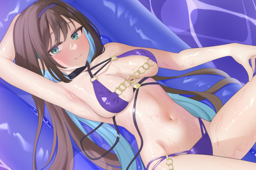 1girl :q aqua_eyes arm_behind_head arm_up armpits assault_lily bare_arms bare_shoulders bikini black_choker blue_hair breasts brown_hair choker closed_mouth colored_inner_hair commentary_request cowboy_shot criss-cross_halter hair_spread_out hairband halterneck hand_on_own_thigh highres inflatable_raft ishizuka_fujino light_smile long_hair looking_at_viewer lying medium_breasts multi-strapped_bikini_bottom multicolored_hair navel o-ring o-ring_bikini o-ring_top official_alternate_costume on_back purple_bikini purple_hairband saetusum solo stomach swimsuit tongue tongue_out two-tone_hair very_long_hair water wet